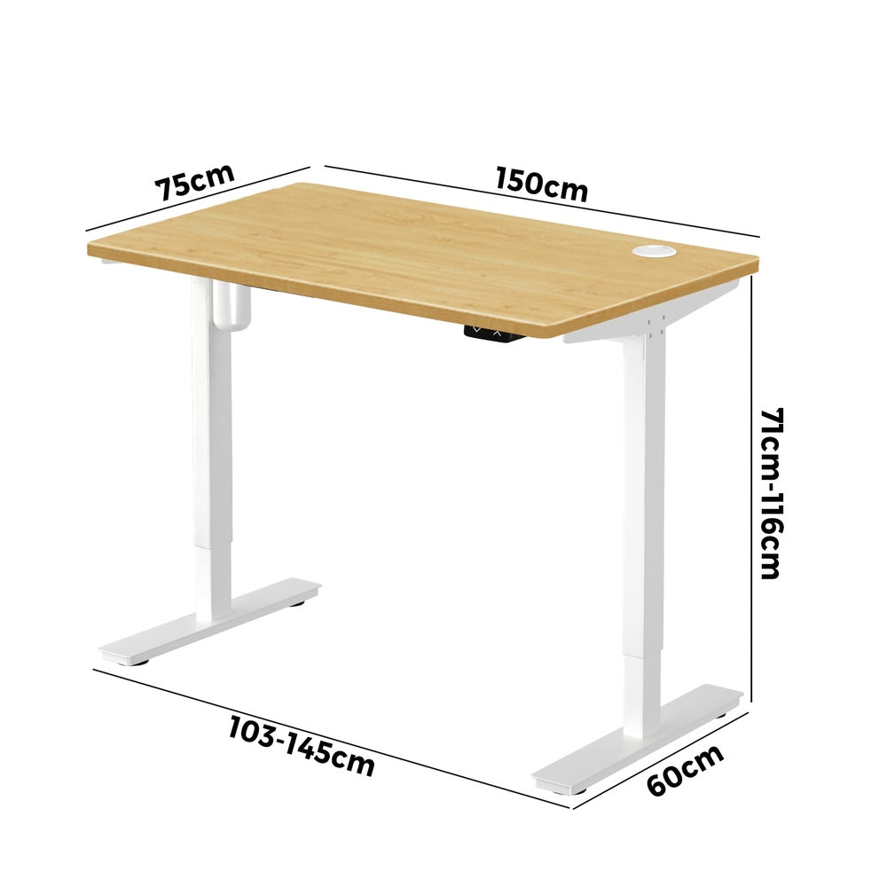 Electric Standing Desk Single Motor White and Oak 150 cm
