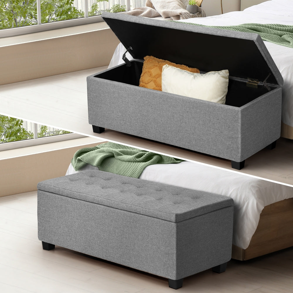 Light Grey Storage Ottoman Faux Linen