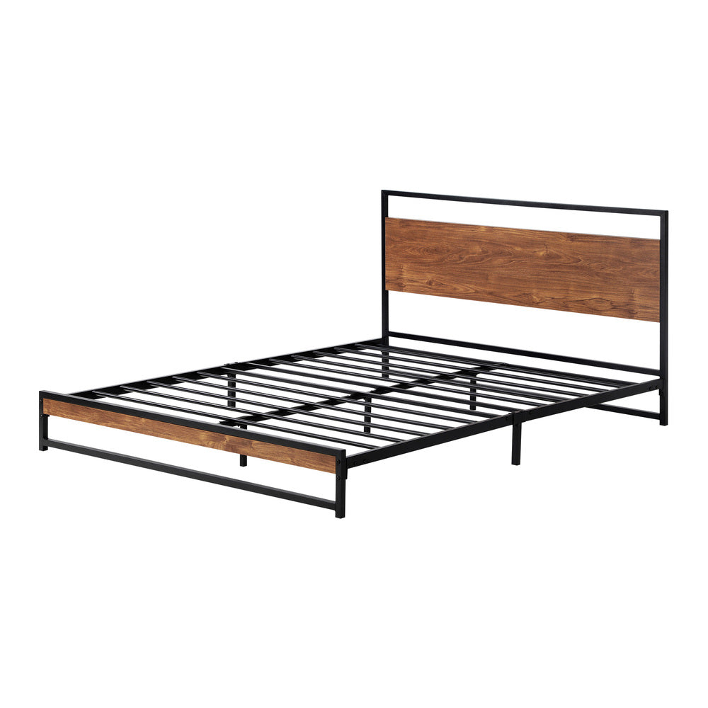 Double Size Metal Bed Frame with Wooden Accents