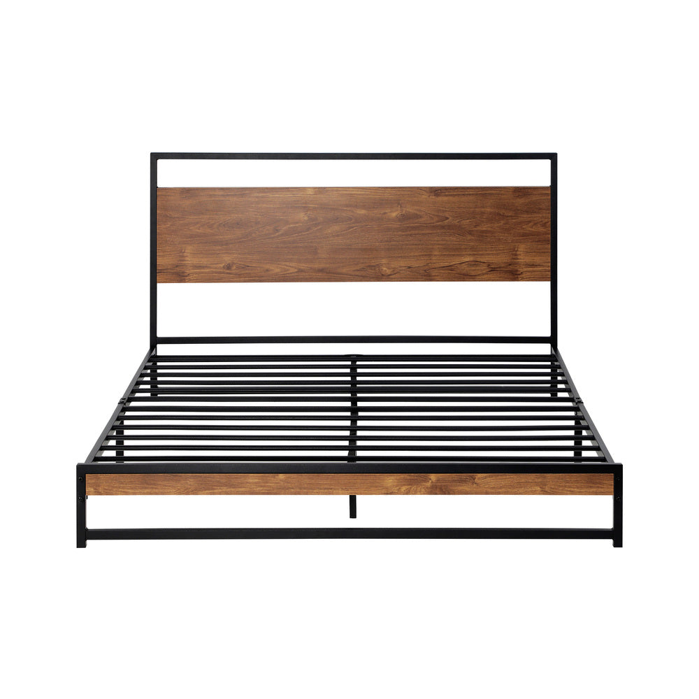 Double Size Metal Bed Frame with Wooden Accents