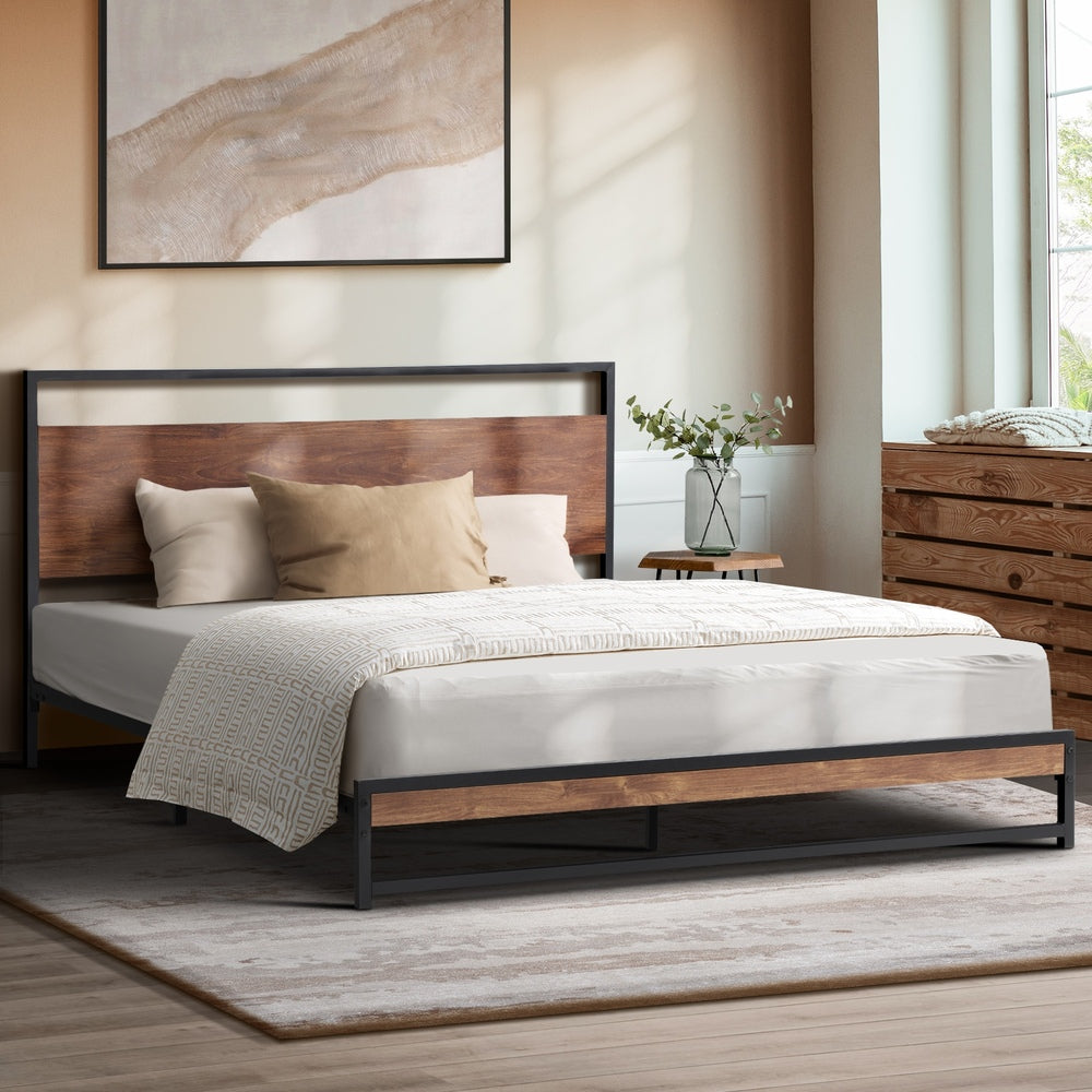 Double Size Metal Bed Frame with Wooden Accents