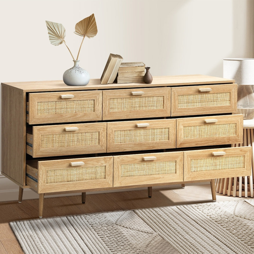 9 Drawer Wooden Lowboy with Rattan Fronts