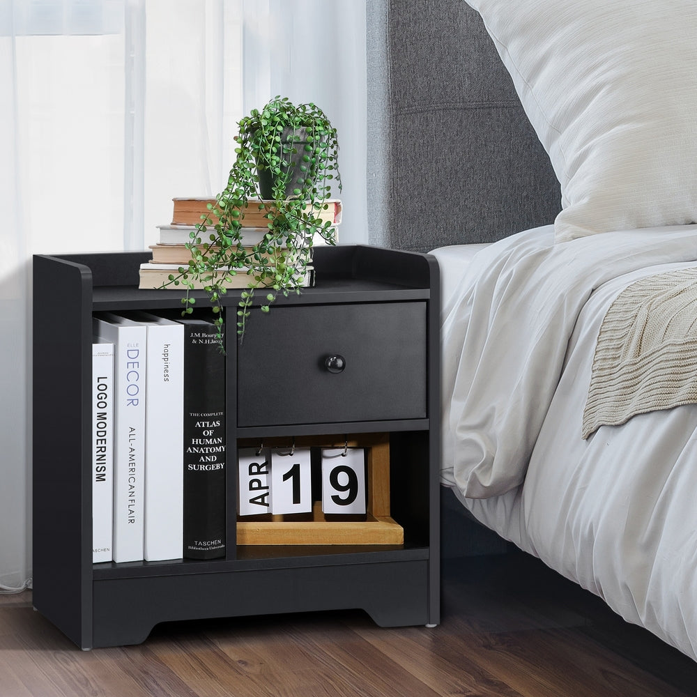 Bedside Table with Drawer and Storage Space Black