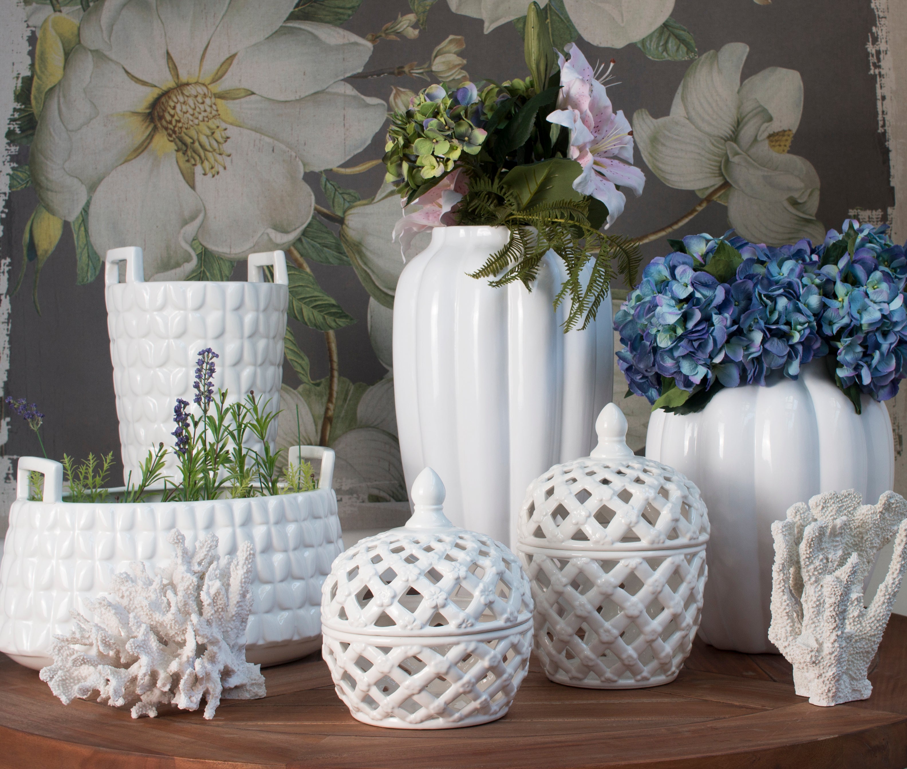 Lattice Decorative Lidded Jar 29cm Tall White Ceramic Flower Motif