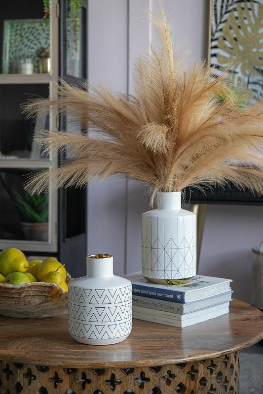 Geo Vase 20cm White Ceramic with Gold Trim Geometric Pattern Home Decor