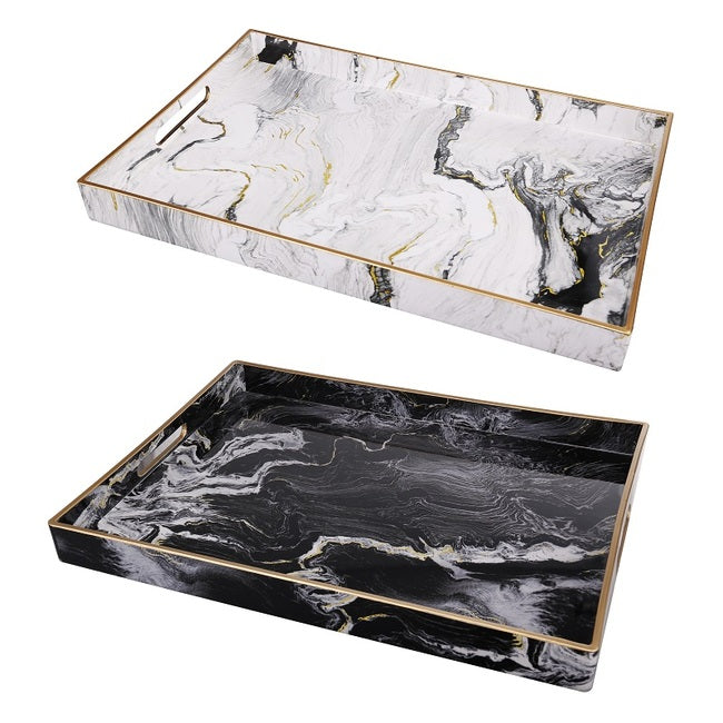 Marble Patterned Rectangular Trays Set of 2 Black & White Luxury Look