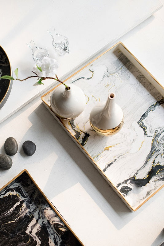 Marble Patterned Rectangular Trays Set of 2 Black & White Luxury Look