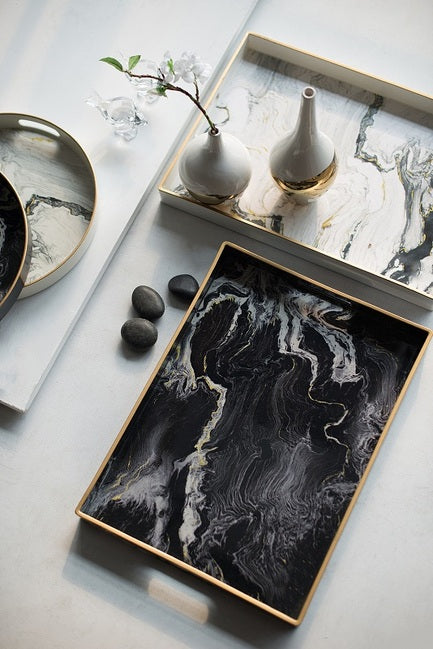 Marble Patterned Rectangular Trays Set of 2 Black & White Luxury Look