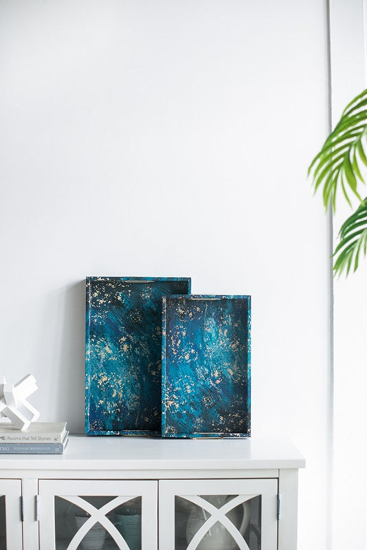 Blue Decorative Rectangular Nesting Tray Set of 2 Table Decor