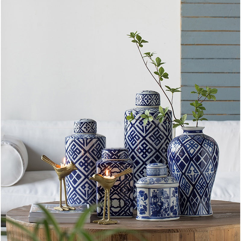 Valora Blue & White Porcelain Cylinder Jar 35 cm Classical Design