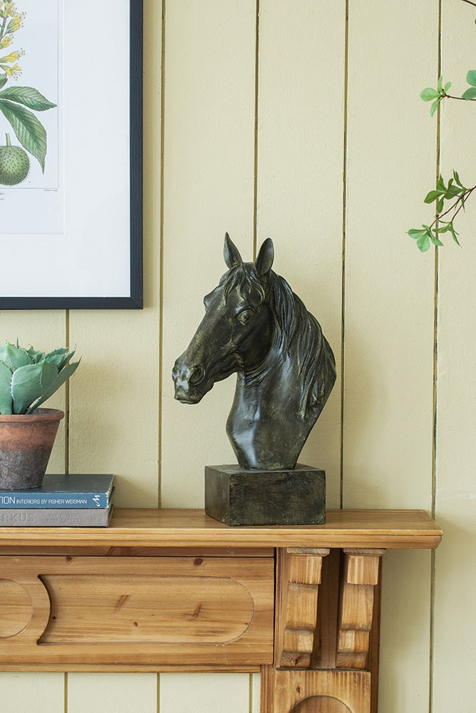 Horse Head Statue on Base Dark Polyresin Sculpture - 40 cm