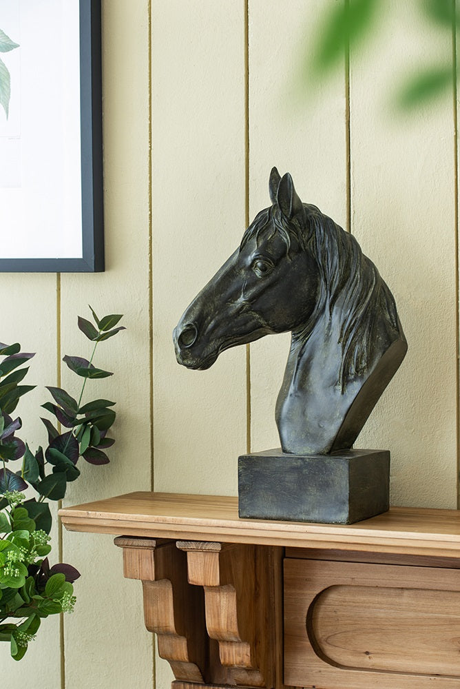 Horse Head Statue on Base Dark Polyresin Sculpture - 40 cm