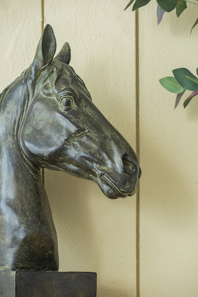 Horse Head Statue on Base Dark Polyresin Sculpture - 40 cm