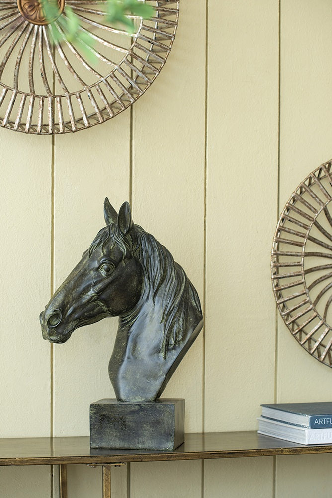 Horse Head Statue on Base Dark Polyresin Sculpture - 40 cm