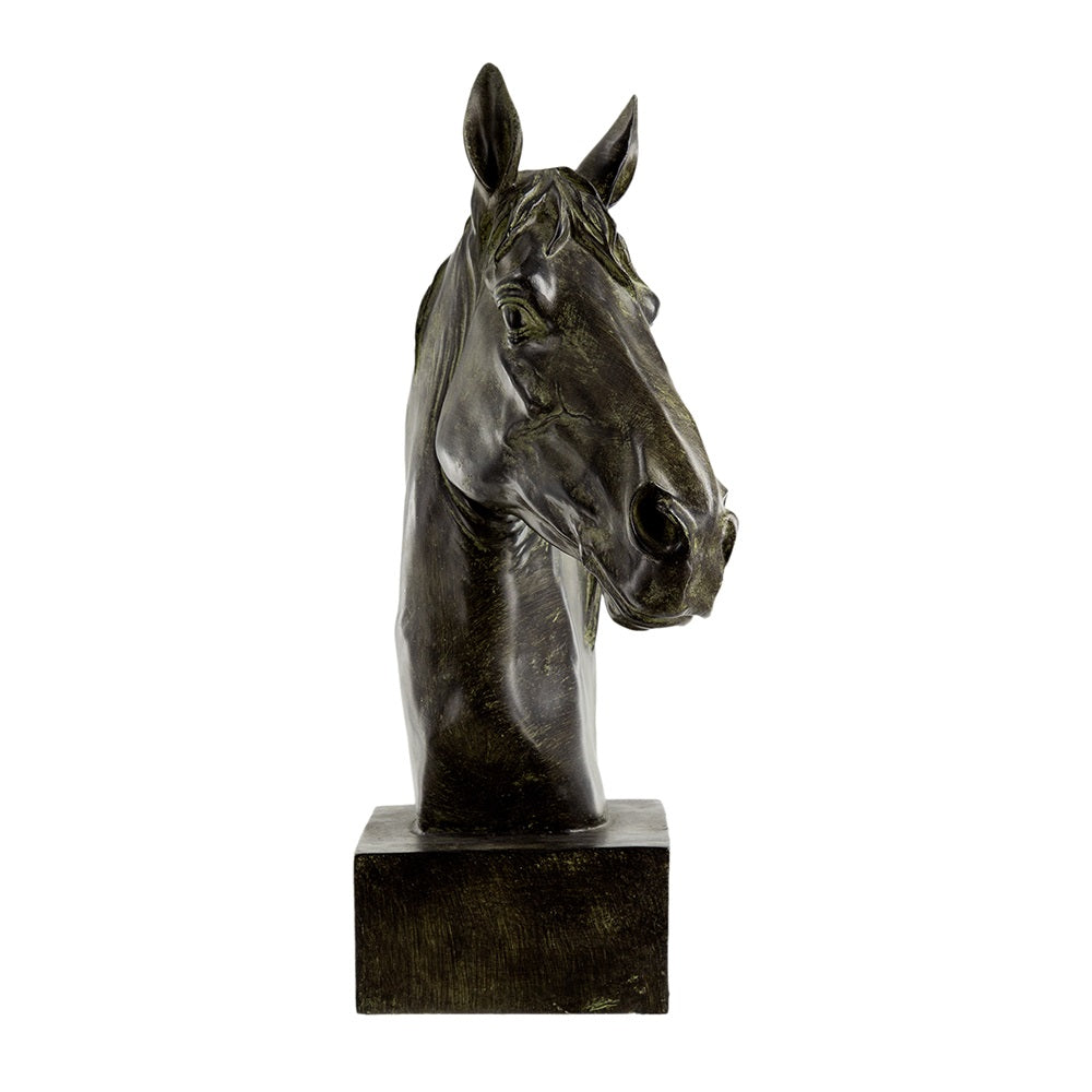 Horse Head Statue on Base Dark Polyresin Sculpture - 40 cm