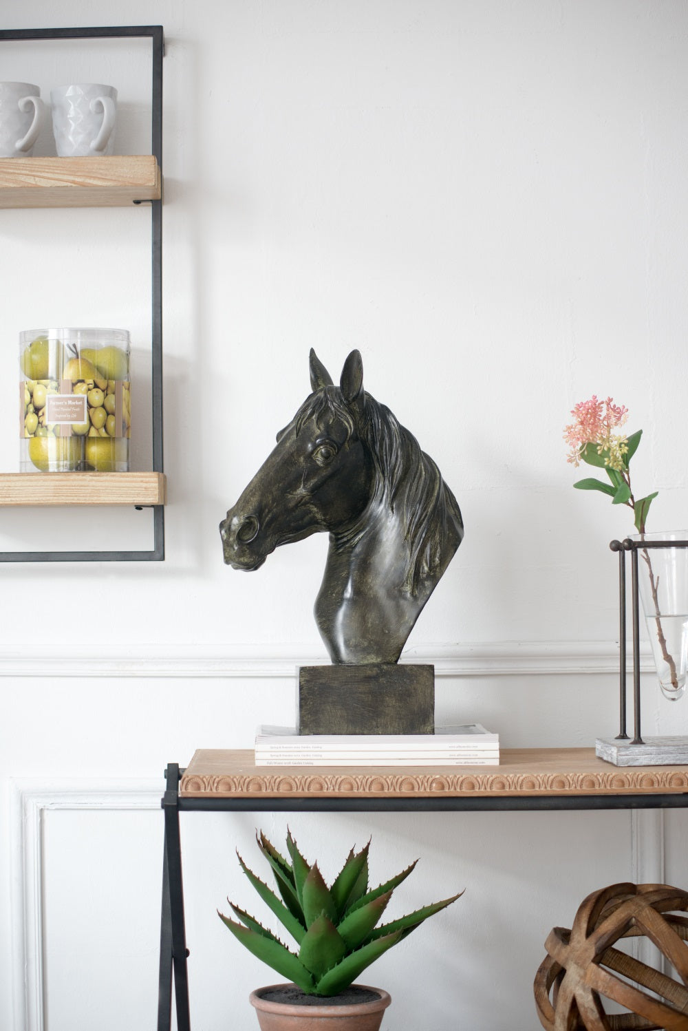 Horse Head Statue on Base Dark Polyresin Sculpture - 40 cm