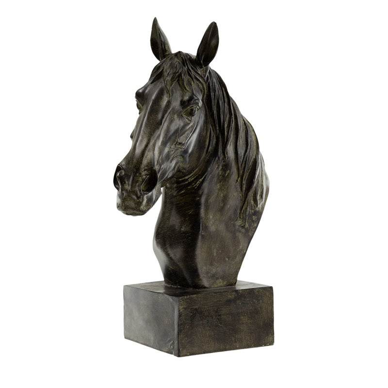 Horse Head Statue on Base Dark Polyresin Sculpture - 40 cm