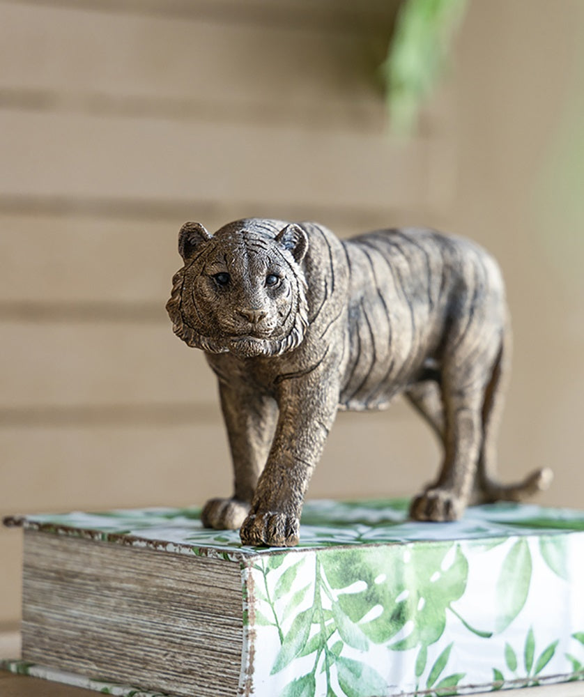 Tiger Statue Polyresin Home Decor Copper Finish - 29 cm
