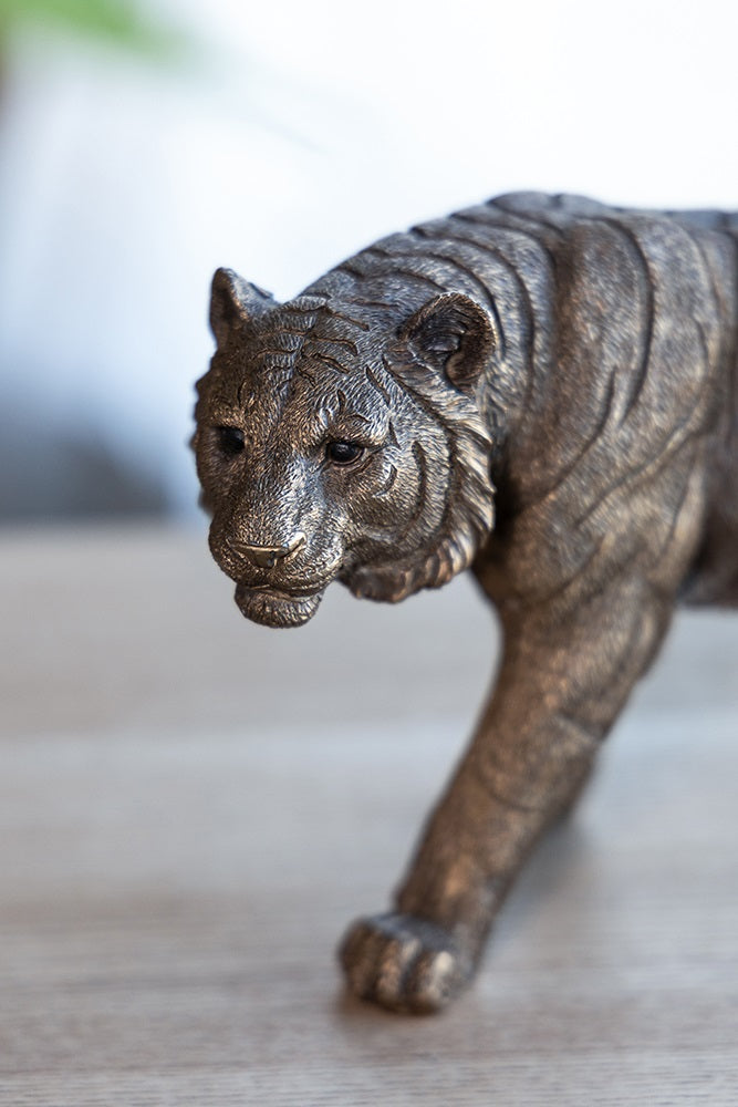 Tiger Statue Polyresin Home Decor Copper Finish - 29 cm