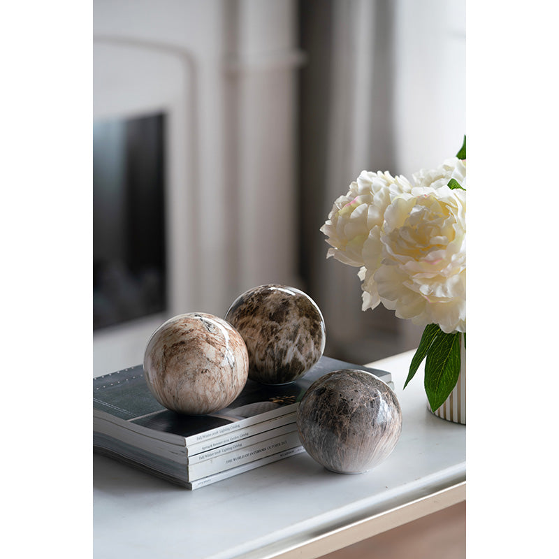 Set of 3 Brown Marbleized Decorative Ceramic Balls for Home and Office