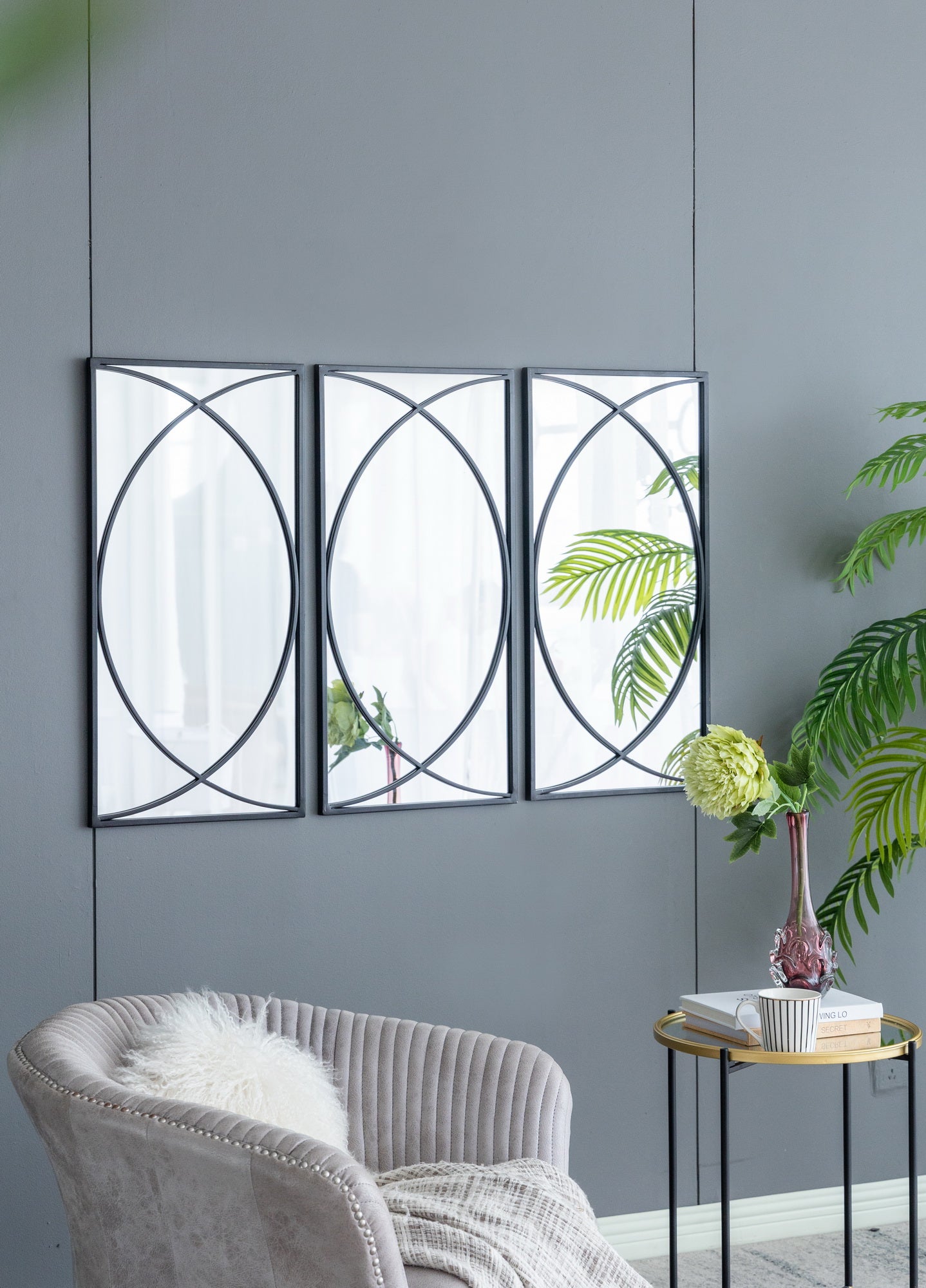 Set of 3 Black Swirl Wall Mirrors Iron Frame Minimalist Industrial Style
