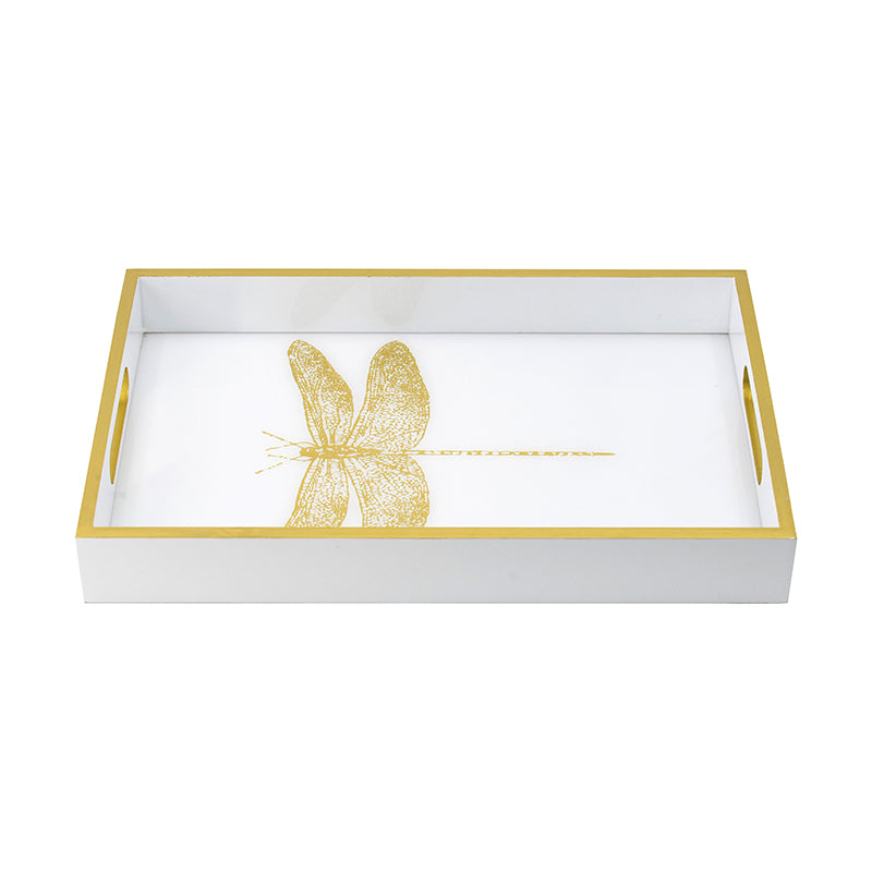 Dragonfly Serving Tray 40cm Wooden Acrylic Accent with Gold Dragonfly Motif
