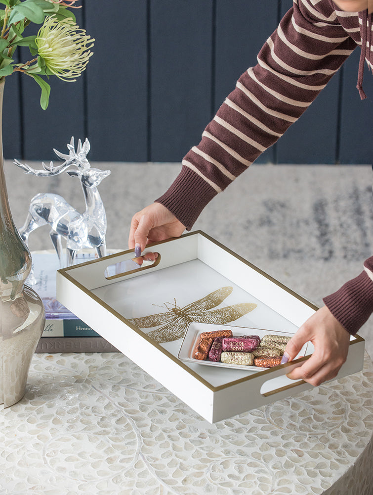 Dragonfly Serving Tray 40cm Wooden Acrylic Accent with Gold Dragonfly Motif