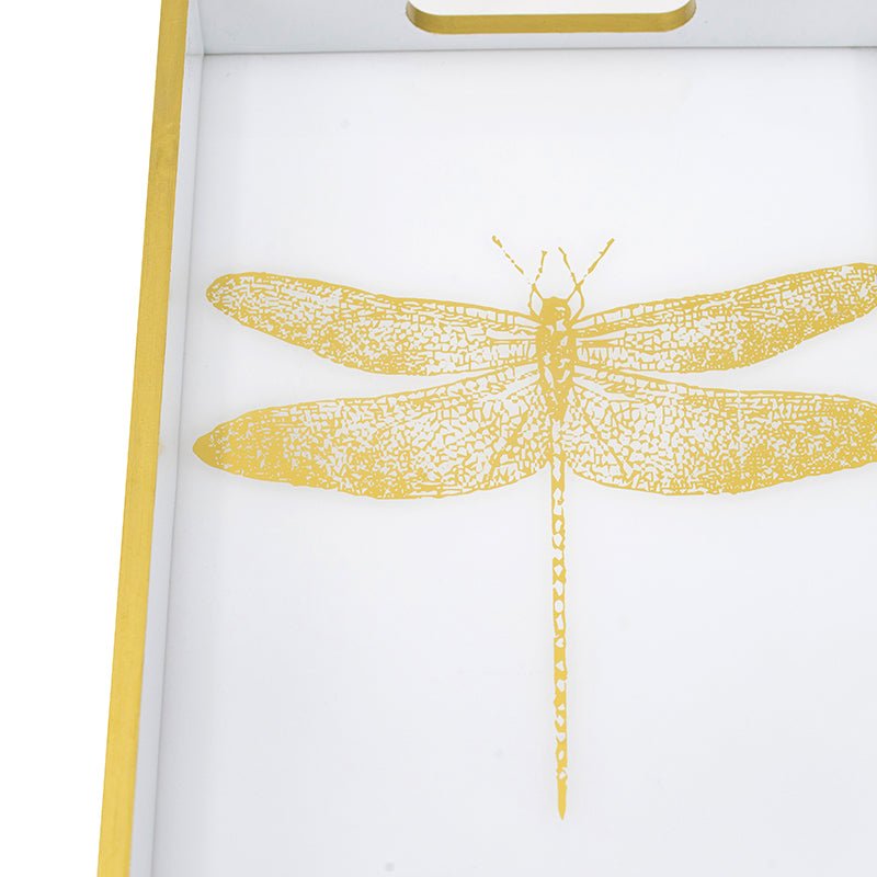 Dragonfly Serving Tray 40cm Wooden Acrylic Accent with Gold Dragonfly Motif