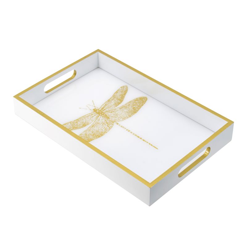 Dragonfly Serving Tray 40cm Wooden Acrylic Accent with Gold Dragonfly Motif