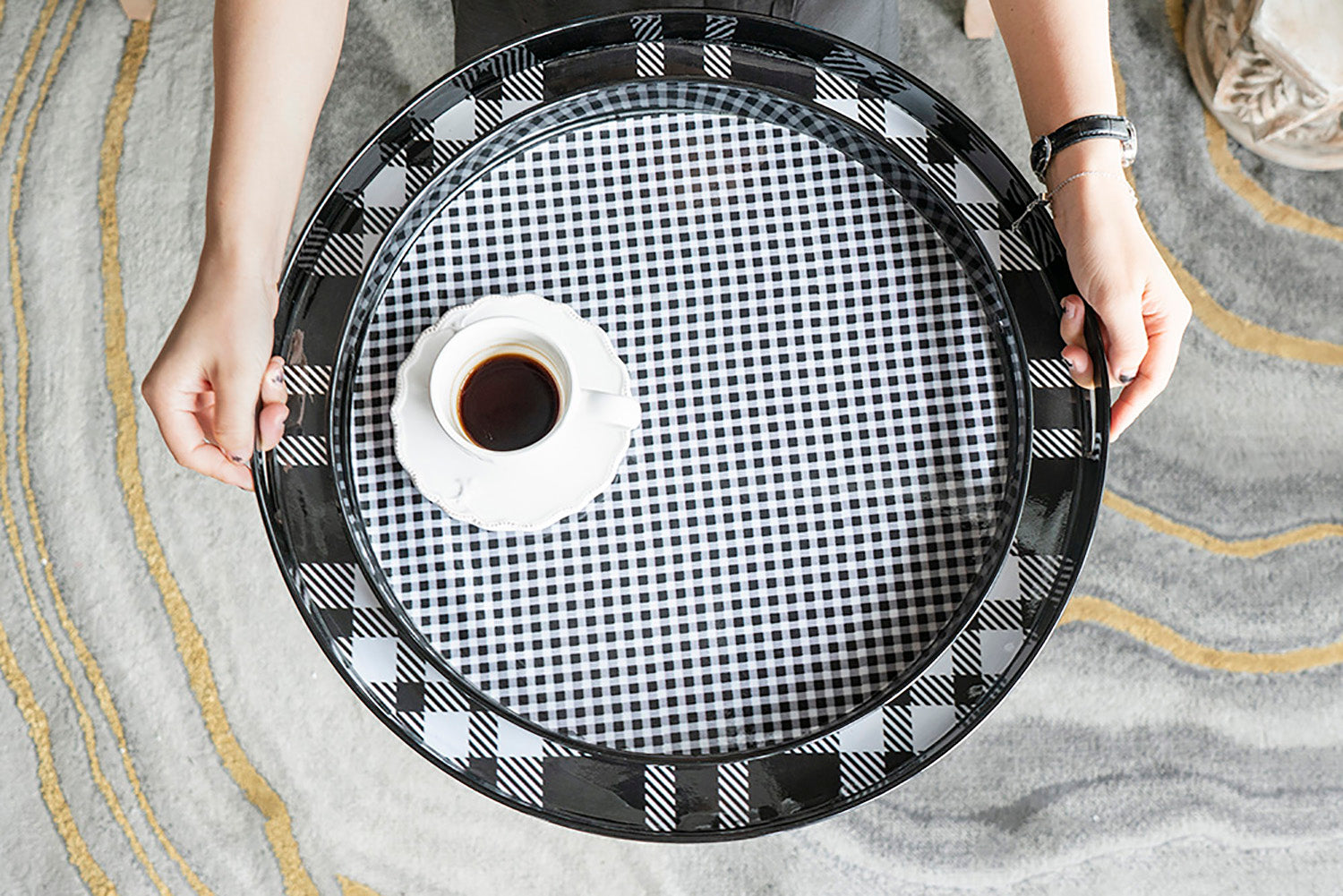 Set of 2 Black and Grey Plaid Motif Round Decorative Accent Plastic Trays