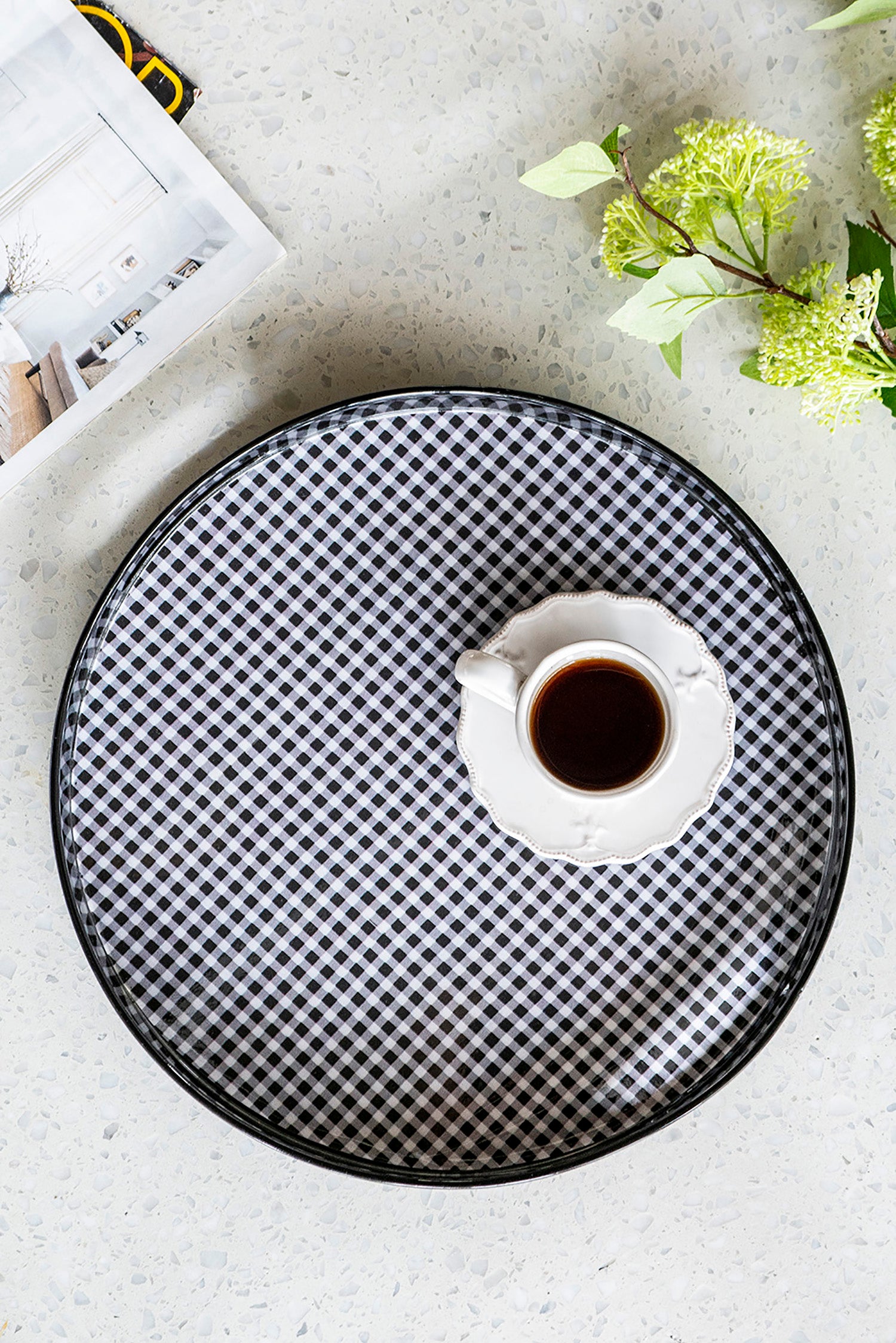 Set of 2 Black and Grey Plaid Motif Round Decorative Accent Plastic Trays