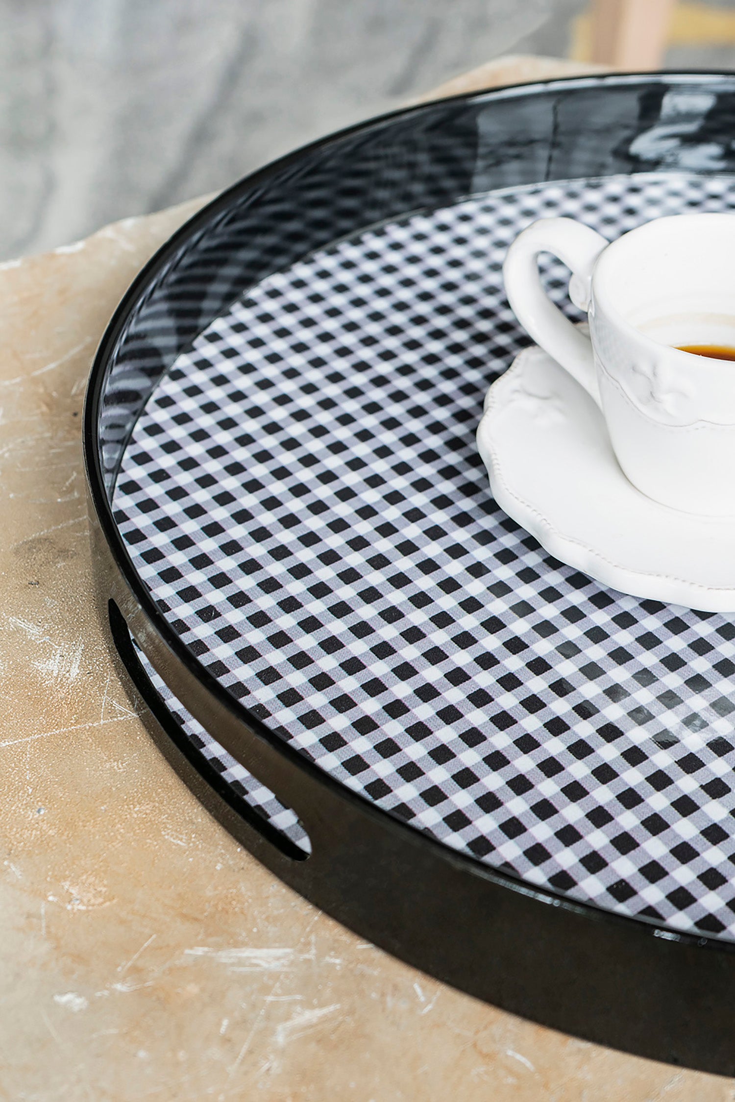 Set of 2 Black and Grey Plaid Motif Round Decorative Accent Plastic Trays