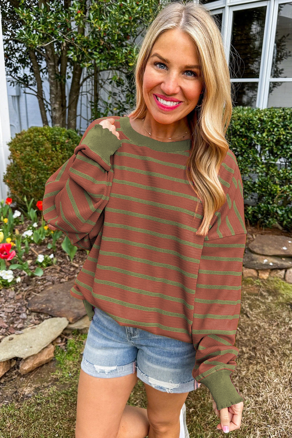 Orange Stripe Trimmed Round Neck Drop Shoulder Women’s Loose Sweater