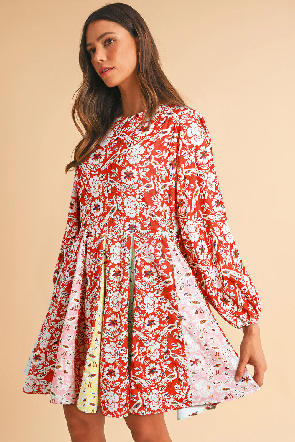 Red Floral Patchwork Pleated Mini Dress Long Sleeve Casual Boho Style