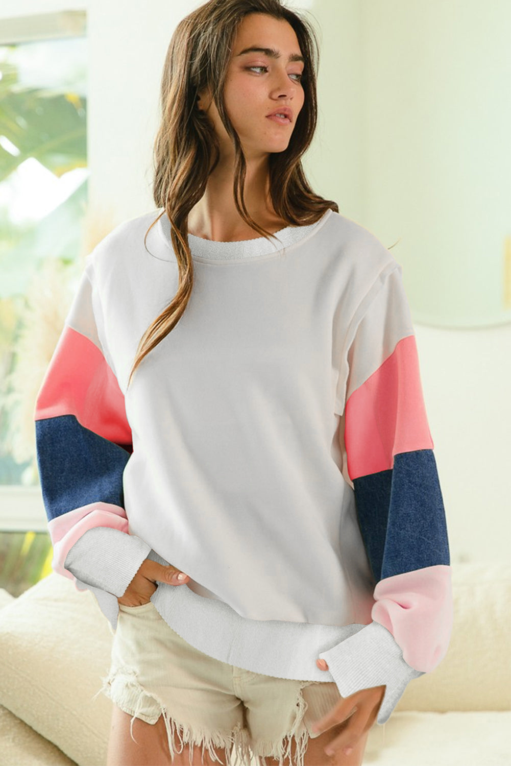White French Terry Colour Block Long Sleeve Top Women’s Casual Fashion