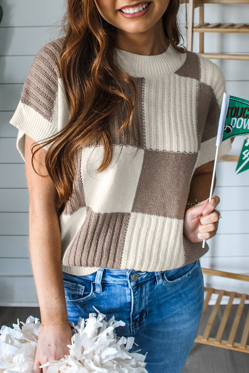 Light Blue Checkered Colour Block Crew Neck Short Sleeve Sweater