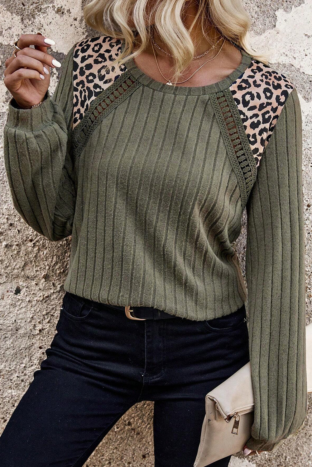 Moss Green Leopard Print Crochet Patchwork Ribbed Knit Top Casual Women’s Top