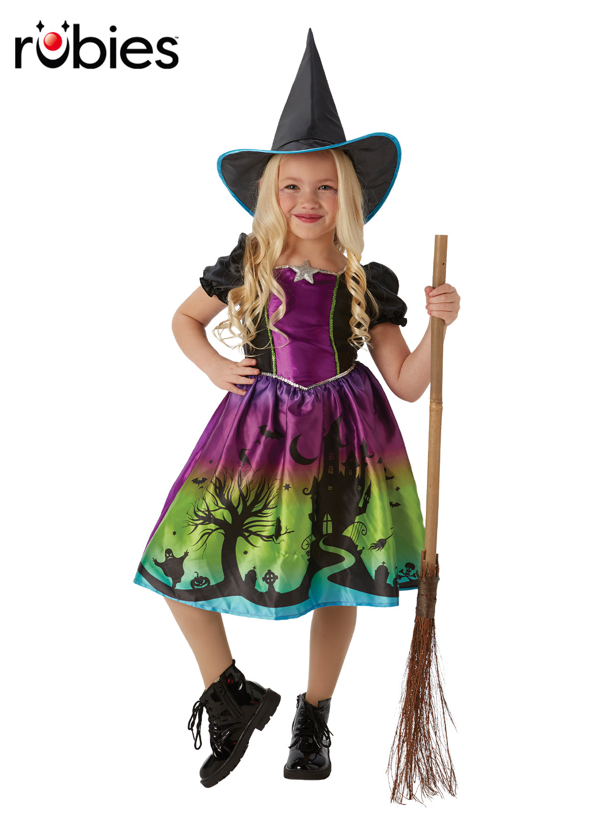 Ombre Witch Costume with Printed Dress and Hat for Halloween or Book Day