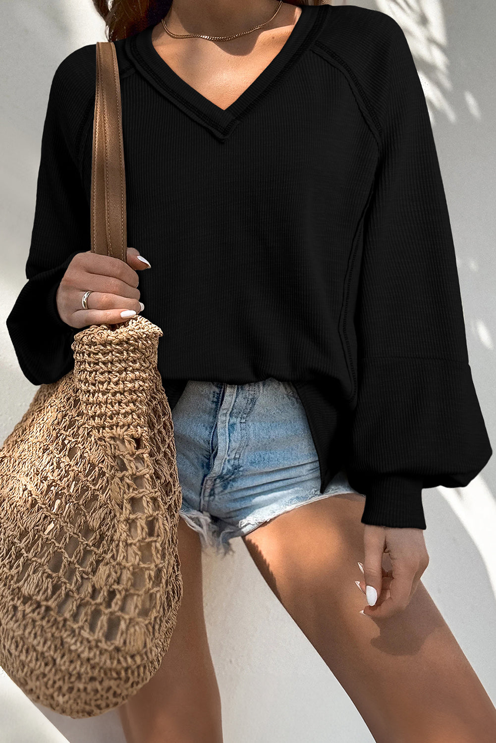 Beige Exposed Seam Textured Knit V Neck Pullover Women’s Casual Wear