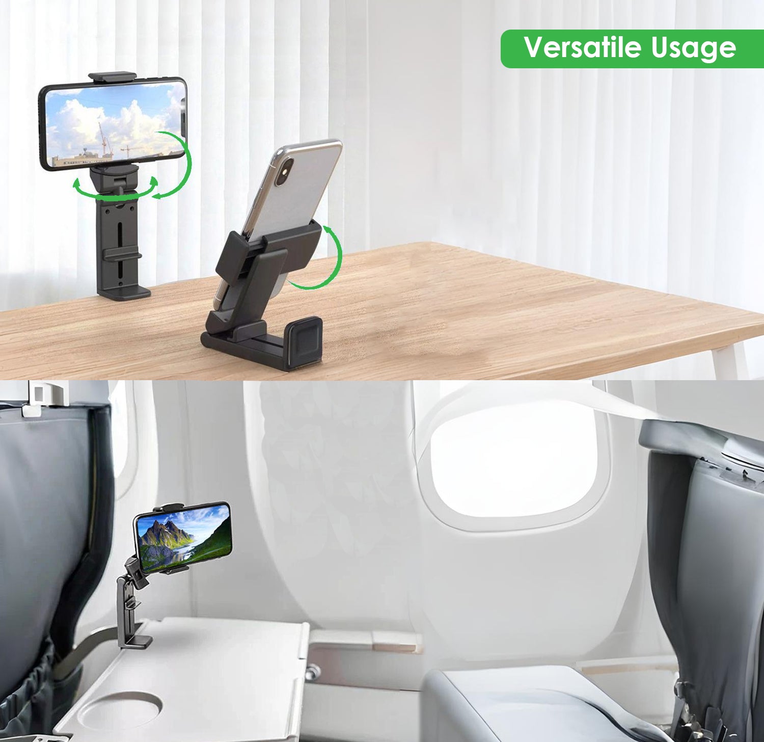 Urbanoki Airplane Phone Holder Mount 360° Rotation Stand for Travel Desk - Black