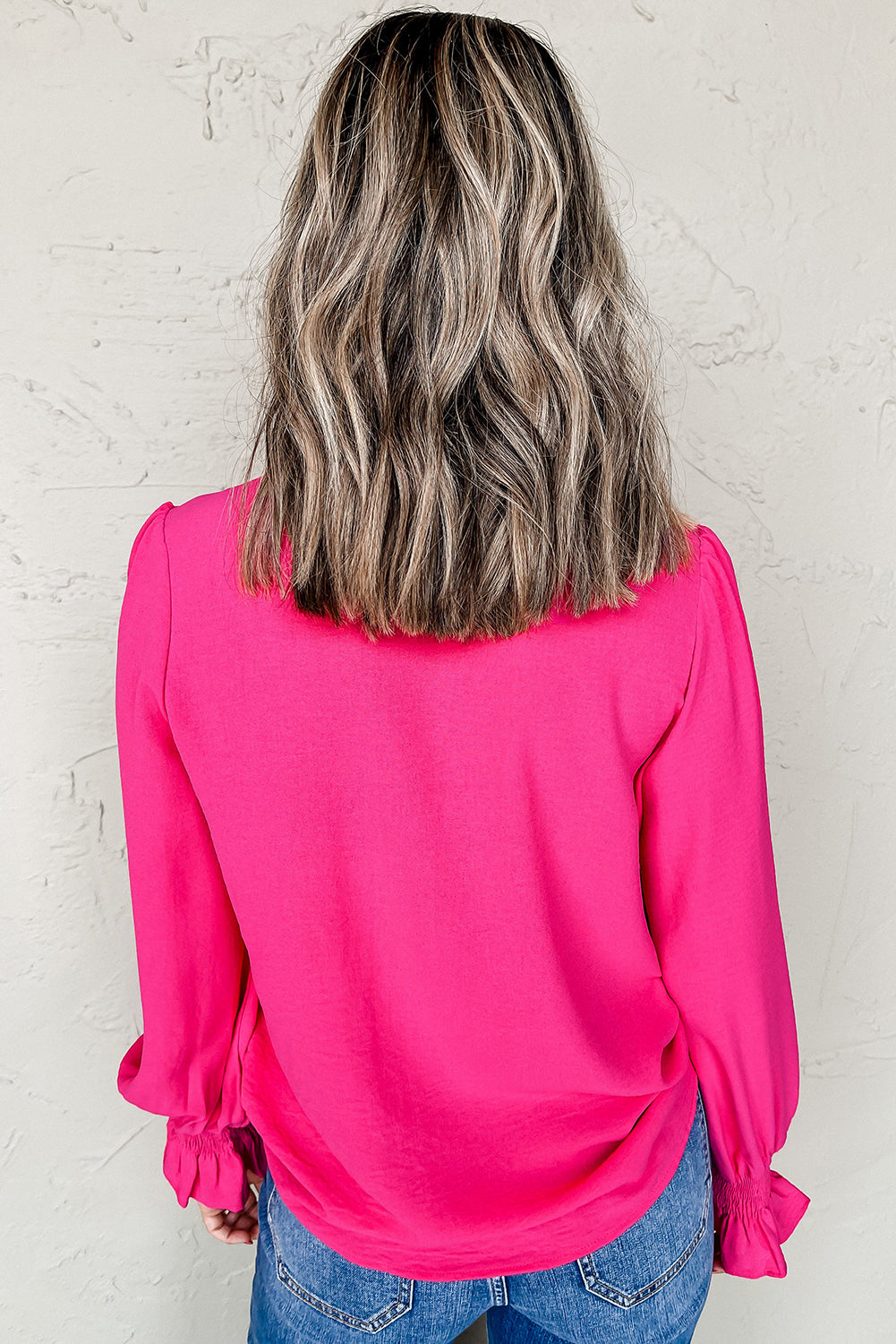 Straw Yellow Solid Shirred Cuff Notch V-Neck Blouse for Women