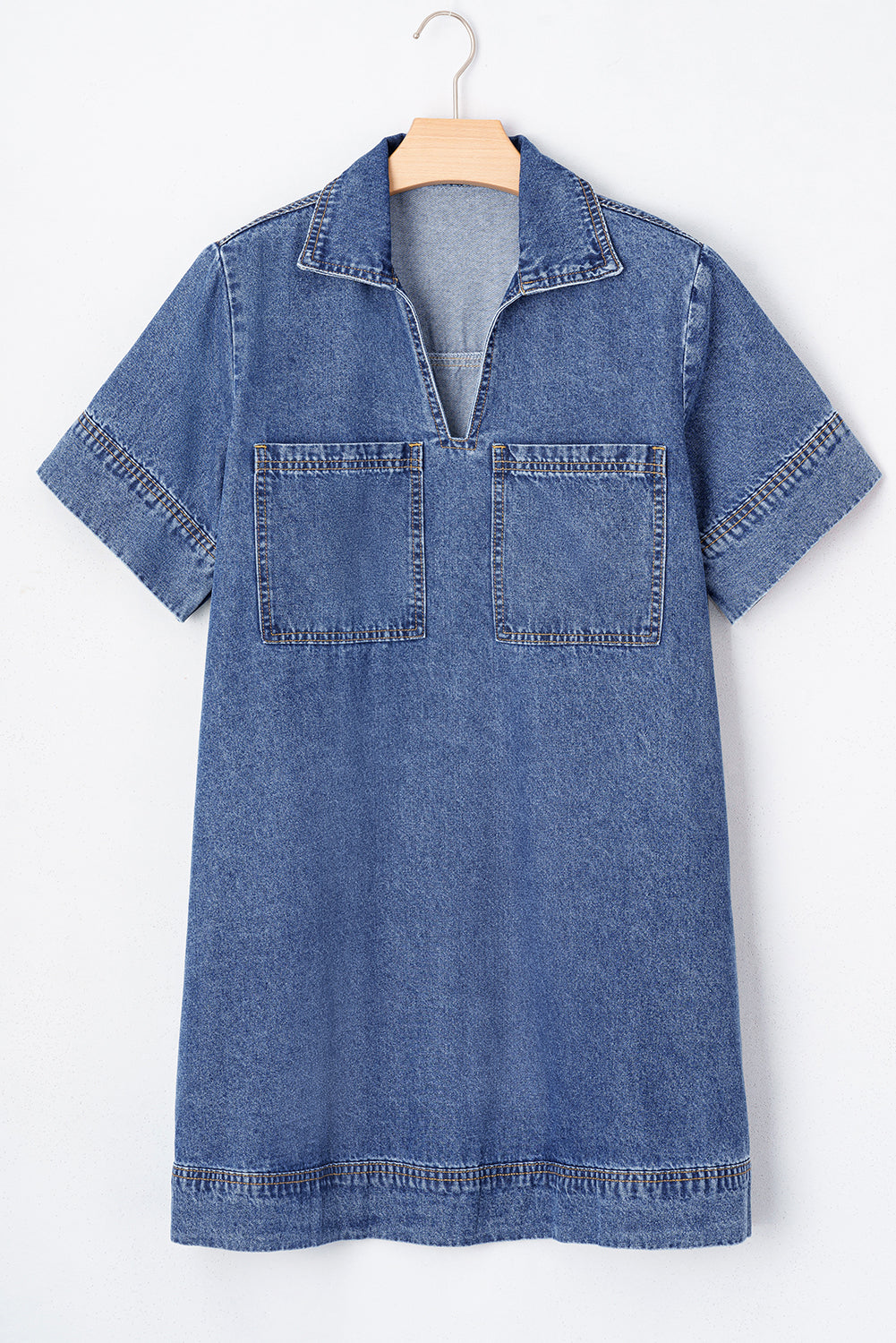 Women’s Blue Short Sleeve Collared Denim Mini Dress with Patched Pocket