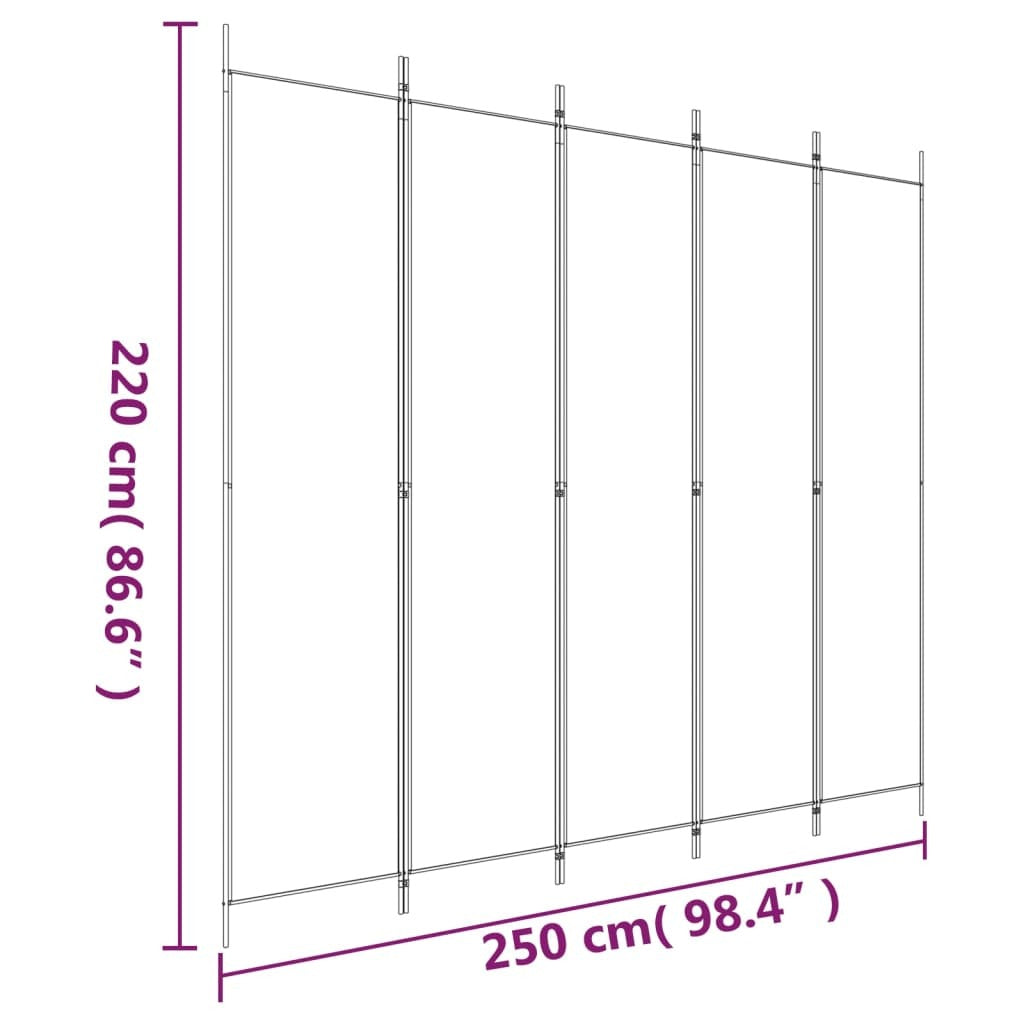 5-Panel Room Divider White 250x220 cm Fabric