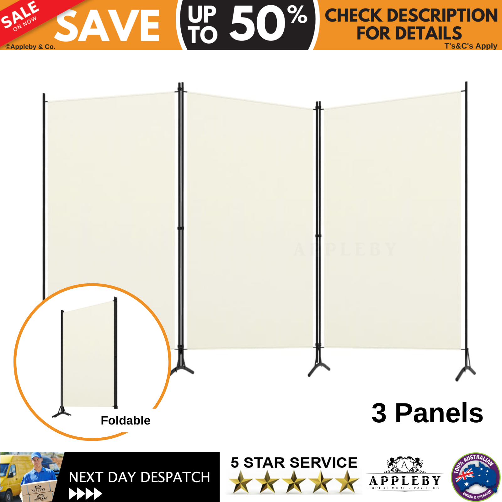 3-Panel Room Divider White 260x180 cm Fabric