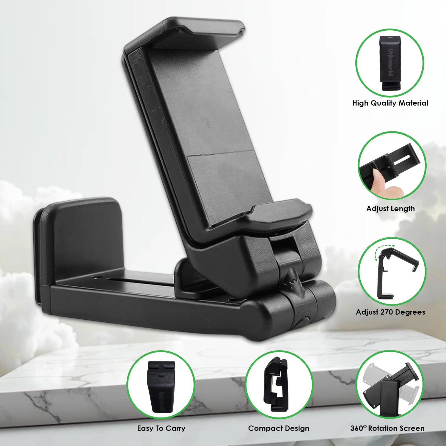 Urbanoki Airplane Phone Holder Mount 360° Rotation Stand for Travel Desk - Black
