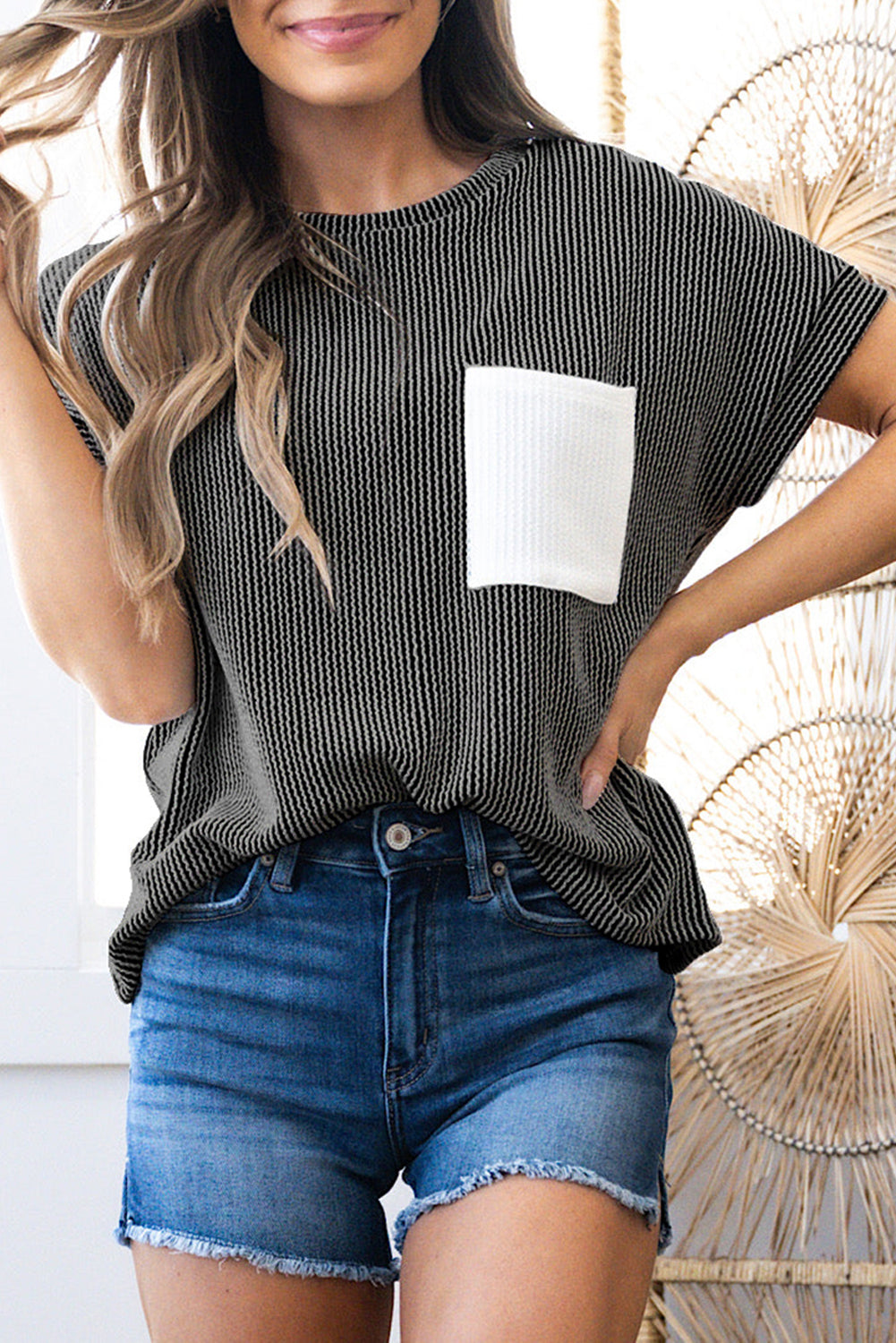 Dark Blue Corded Knit Colour Block Pocket Crew Neck Women’s T Shirt