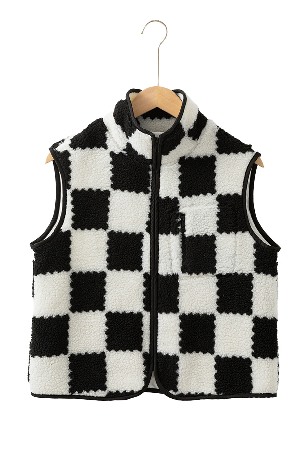 Khaki Checkered Sherpa Collared Jacket Vest for Women