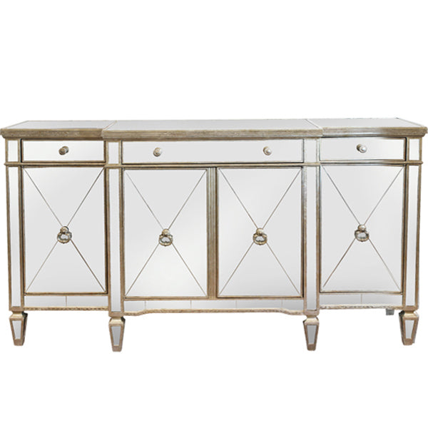 Mirrored Sideboard Antiqued Ribbed Silver Gold Leaf Hollywood Glam Buffet