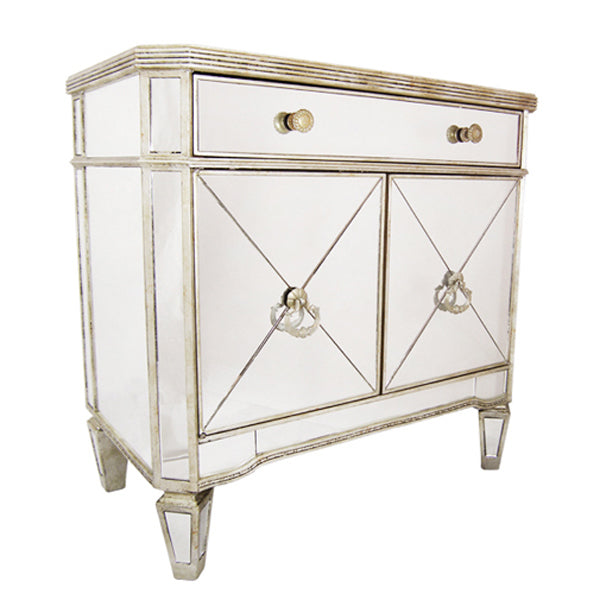 Mirrored Cabinet 1 Drawer 2 Door Antique Ribbed Gold Leaf Hollywood Style Storage Unit