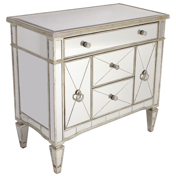 Mirrored Dresser Nightstand 5 Drawers Antique Ribbed Gold Leaf Hollywood Style